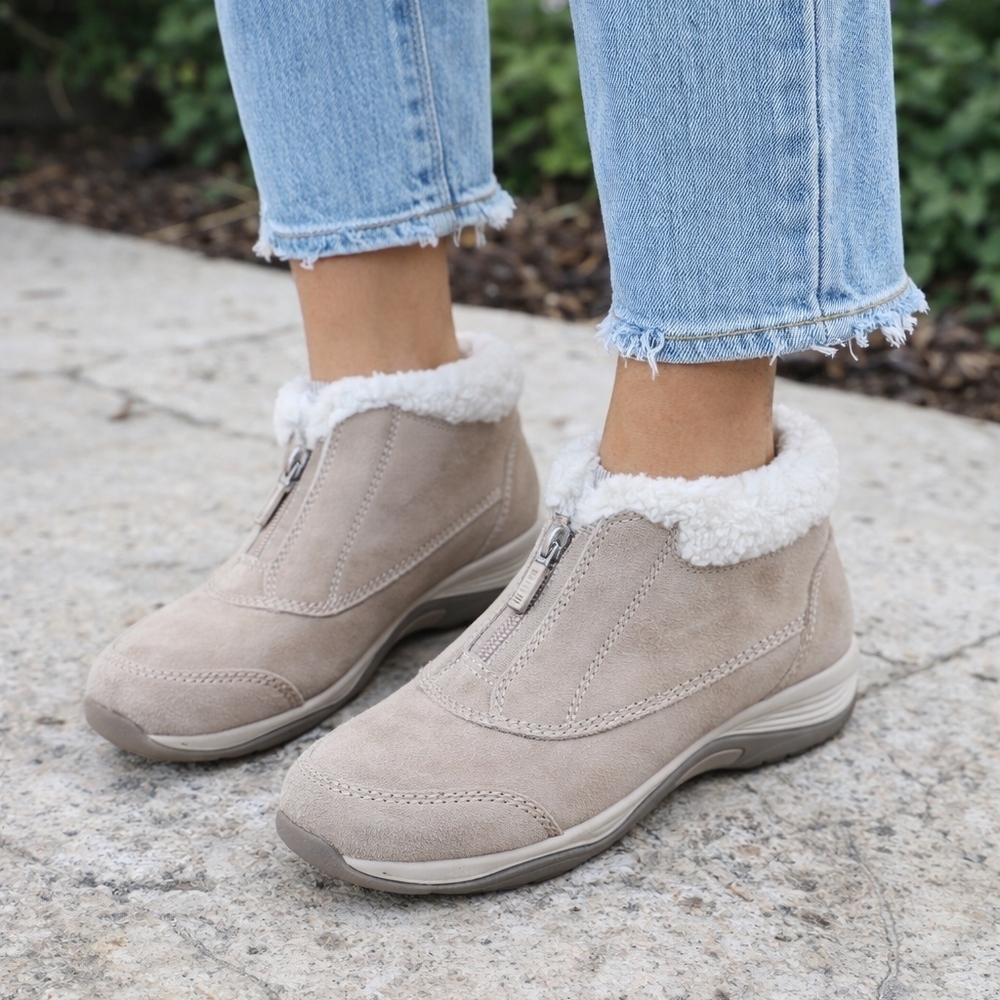 Easy Spirit Women's Beige Leather Suede Slip-On Ankle Booties Faux Fur Trim 11M